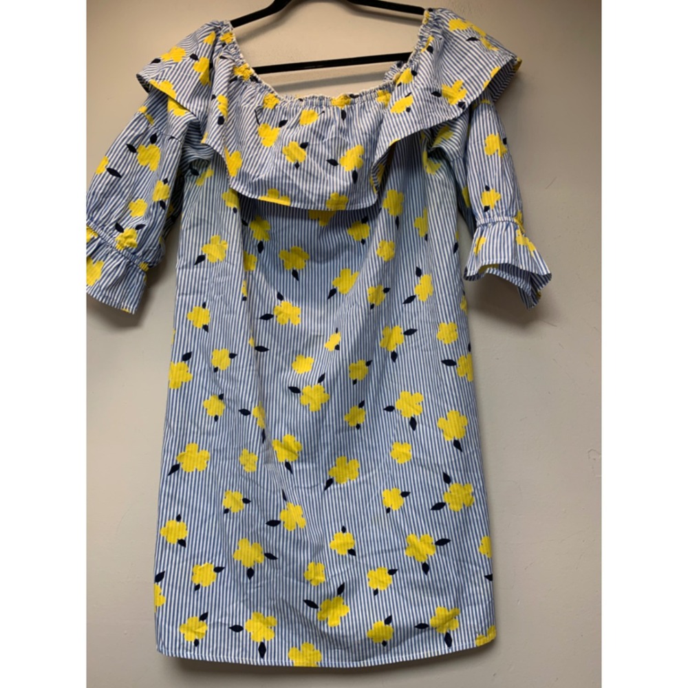 Crown & Ivy Off-the-Shoulder Dress Womens Large Blue Yellow‎ Floral Stripe Excel